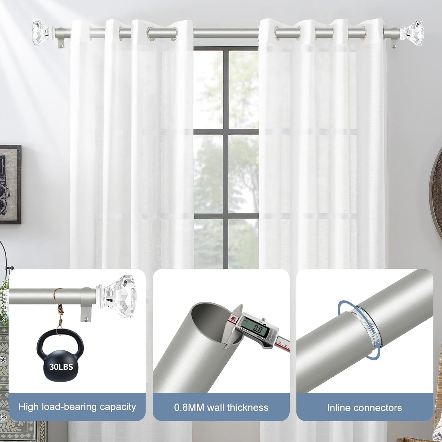 Silver Decorative Crystal Curtain Rods 18 to 45 Inch:Heavy Duty Adjustable Window Curtains Rods for Living Room Bedroom,Nickel Modern Girly Acrylic Drapery Rod with Clear Bling Diamond Finials